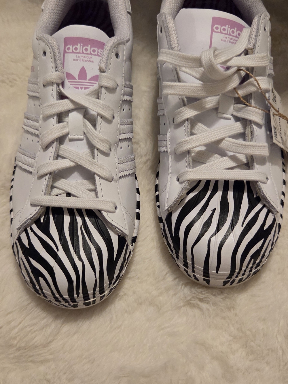 adidas Kids White Sneakers with Black Zebra Toe and Pink Logo